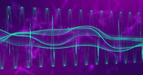 Undulating teal-cyan dotted waveform flowing across virtual purple network, Illustrazione stock
