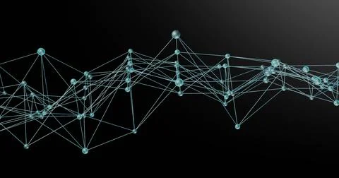 Undulating teal node network forming cyan wireframe on dark backdrop, glossy Stock Illustration