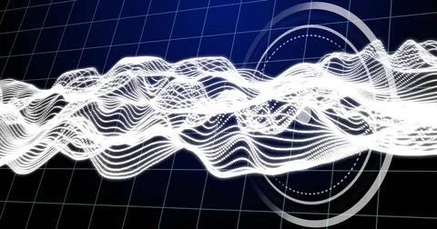 Undulating waveforms moving across blue digital plane, with teal grid lines and Stock Photos