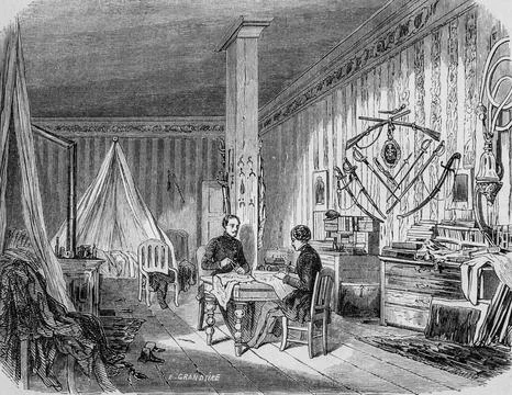 Une chambre d'eleves ,tableau de paris par edmond texier,editeur paulin et le Stock Illustration