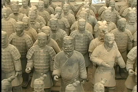 The unearthed terracotta figures commissioned by Emperor Qin Shi Huang rest side Stock Footage