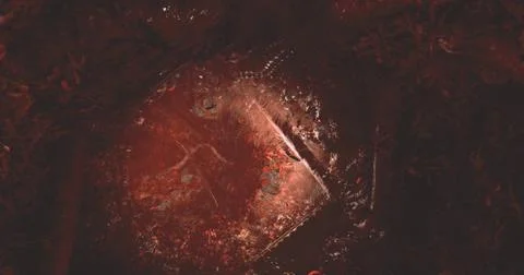 Unearthing a hidden object in a forest with rich red soil and foliage Stock Illustration