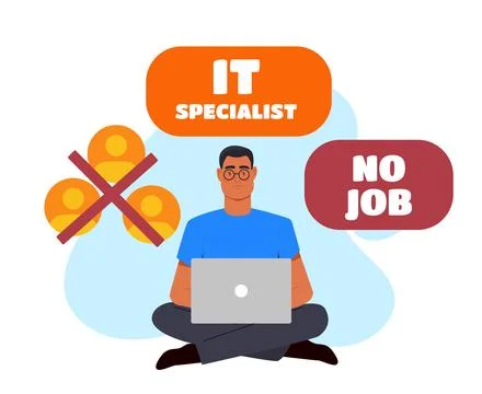 Unemployed IT specialist with laptop. Vector illustration Illustrazione stock
