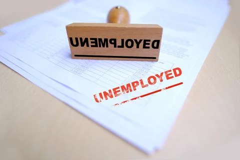 Unemployed red rectangular grunge sign on documents, red text on white, Woo.. Stock Photos