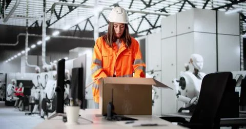 Unemployed Woman Using Computer At Semiconductor Production Factory Assembly  Stock Photos