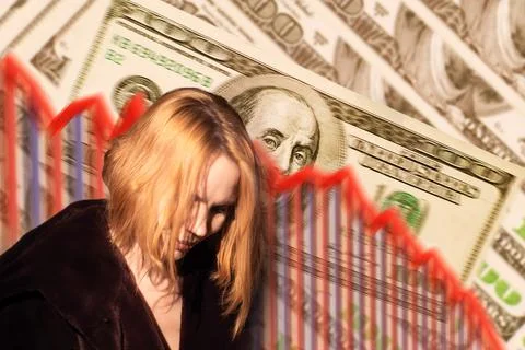 Unemployment, inflation concept. Decrease chart and US dollars on the backgro 스톡 사진