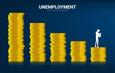 Unemployment man walking on stack of down coin graph. Concept for end of care Stock Illustration