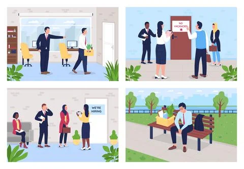 Unemployment problem flat color vector illustration set Illustrazione stock