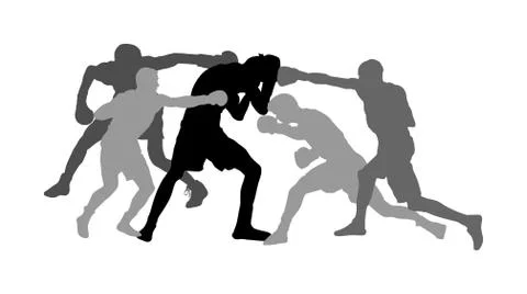 Unequal fighting vector silhouette. Alone against all, unfair hooligans fight. Stock-Illustration