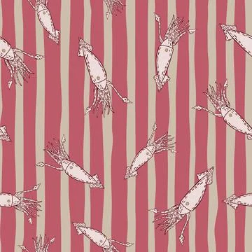 Unerwater seamless random pattern with light squid elements. Pink striped bac Illustrazione stock