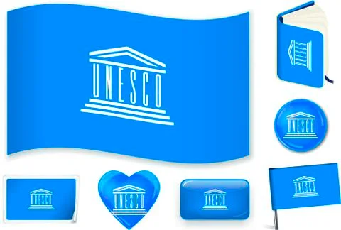 UNESCO flag wave, book, circle, pin, button, heart and sticker. Stock Illustration