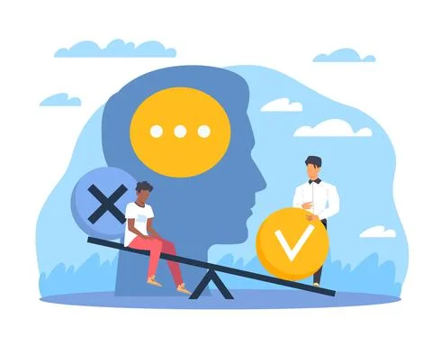 Uneven balance of judgments. Problem of public thinking and unfair treatment Illustrazione stock