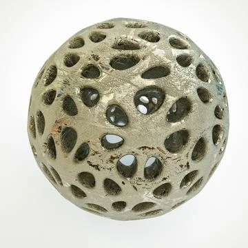 Uneven metal openwork sphere with texture on a white background. 3d render il Illustrazione stock