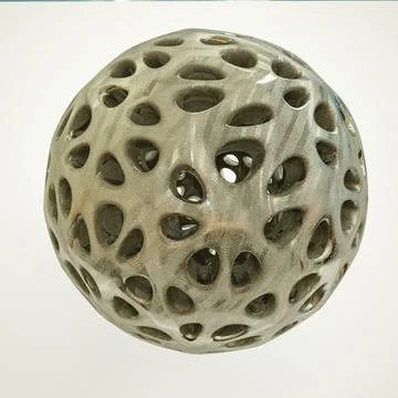 Uneven metal openwork sphere with texture on a white background. 3d render il Illustrazione stock