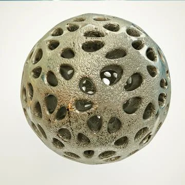 Uneven metal openwork sphere with texture on a white background. 3d render il Illustrazione stock