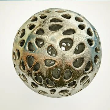 Uneven metal openwork sphere with texture on a white background. 3d render il Illustrazione stock