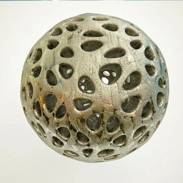 Uneven metal openwork sphere with texture on a white background. 3d render il Stock Illustration