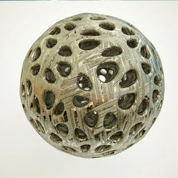 Uneven metal openwork sphere with texture on a white background. 3d render il Illustrazione stock