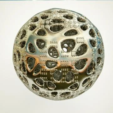 Uneven metal openwork sphere with texture on a white background. 3d render il Illustrazione stock