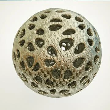 Uneven metal openwork sphere with texture on a white background. 3d render il Illustrazione stock