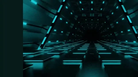 An uneven rectangular tunnel with a glowing light blue hue creates a 스톡 동영상 295835397