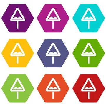 Uneven triangular road sign icon set color hexahedron Illustrazione stock