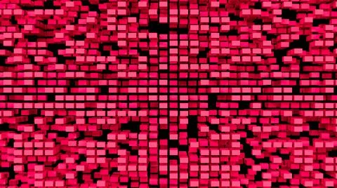 An uneven wall of red flying cubes on a black background.  Stock Illustration