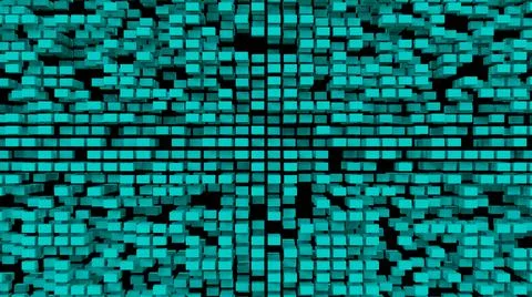 An uneven wall of turquoise flying cubes on a black background.  Stock Illustration