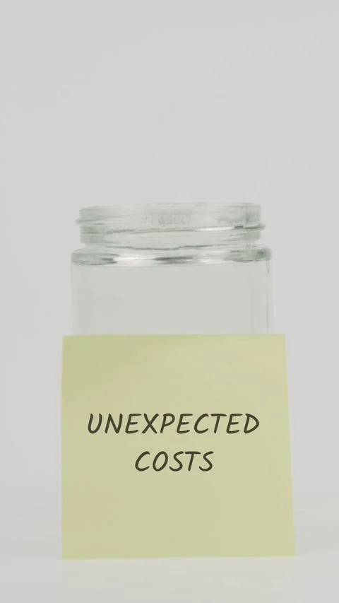 Unexpected costs text or word on yellow sticky note attached to glass jar Stock Footage 311799658
