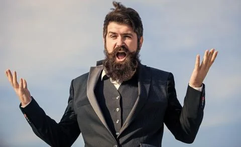 Unexpected luck. Man bearded optimistic businessman wear formal suit sky Stock Photos
