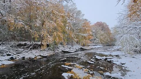 Unexpected snowfall covers autumn foliage along a river in Toronto Stock Photos