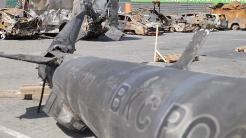An unexploded military missile is shown in close-up. War. Kyiv oblast. Ukraine Видео 246815487