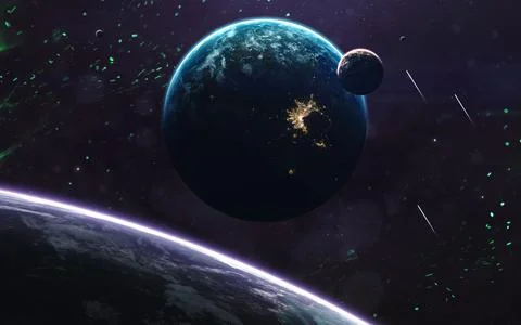 Unexplored planets of faraway space. Deep space image, science fiction fantasy Stock Photos