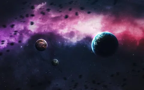 Unexplored planets of faraway space. Deep space image, science fiction fantasy Stock Photos