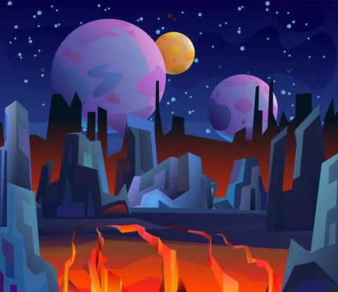 Unexplored planets. Rocks cliffs landscape. Night scenery in mountains. Crack Stock Illustration