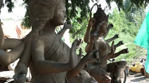 An Unfinished clay idol of Goddess Devi Durga, for upcoming Durga Puja Stock Footage 229727568