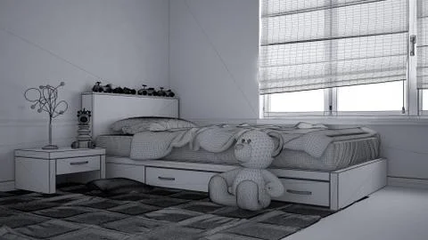 Unfinished draft project of modern child bedroom with single bed, toys and pa Illustrazione stock