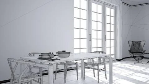 Unfinished project draft of classic kitchen, dining table laid for two with c Stock Illustration