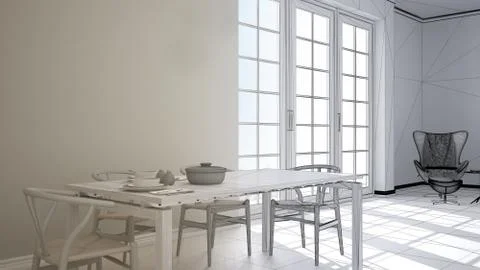 Unfinished project draft of classic kitchen, dining table laid for two, chair Stock Illustration
