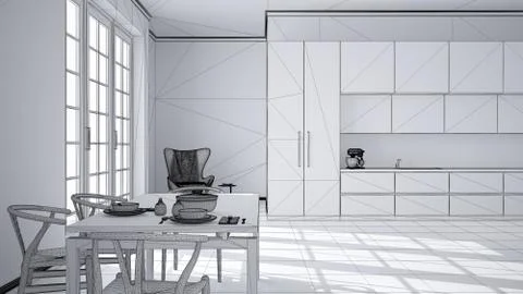 Unfinished project draft of classic kitchen, dining table laid for two with c 스톡 일러스트