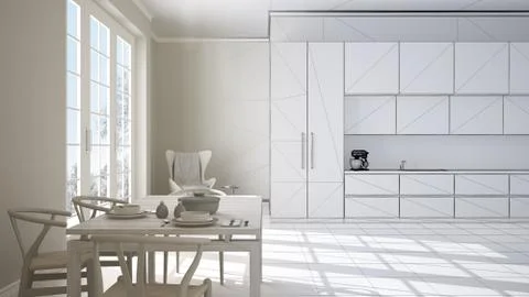 Unfinished project draft of classic kitchen, dining table laid for two, chair Stock Illustration