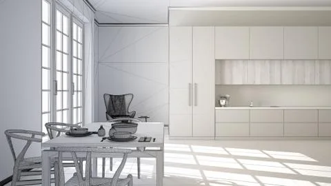 Unfinished project draft of classic kitchen, dining table laid for two, chair Stock Illustration