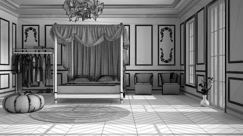 Unfinished project draft, classic luxury bedroom, herringbone parquet, stucco 스톡 일러스트