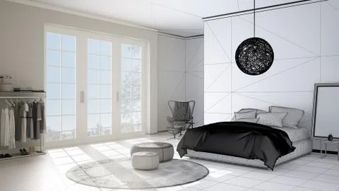 Unfinished project draft, comfortable modern bedroom with wooden parquet floo Ilustración de archivo