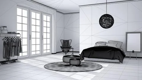 Unfinished project draft, comfortable modern bedroom with wooden parquet floo Ilustración de archivo