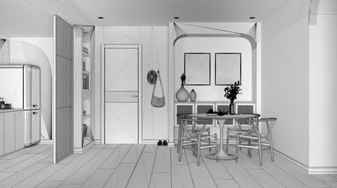 Unfinished project draft, contemporary dining room and kitchen, round table w Illustrazione stock