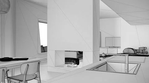 Unfinished project draft, cosy kitchen close up with sink and faucet, dining  Stock Illustration