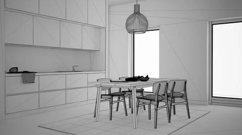 Unfinished project draft, cosy kitchen with dining table and chairs, sink and Stock Illustration