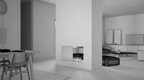 Unfinished project draft, cosy living room with sofa, carpet, coffee table wi Stock Illustration