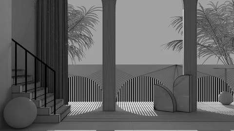Unfinished project draft, dreamy terrace, over panorama, tropical palm trees, Ilustração Stock